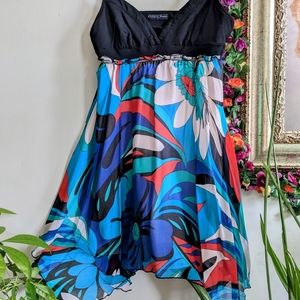 Guess Jeans Teal Blue Summer Flowey Dress Size L with Silver Hem Black Top